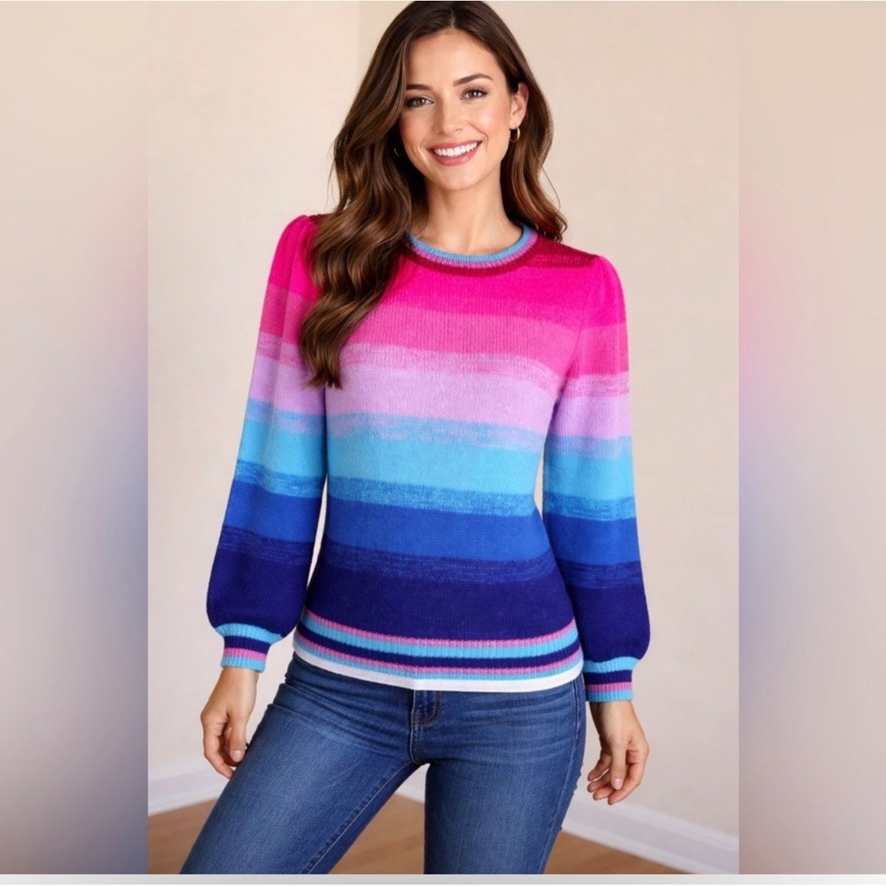 Lilly Pulitzer Womens Striped Ombre Puff Sleeve Knit Sweater Pink Blue XS
